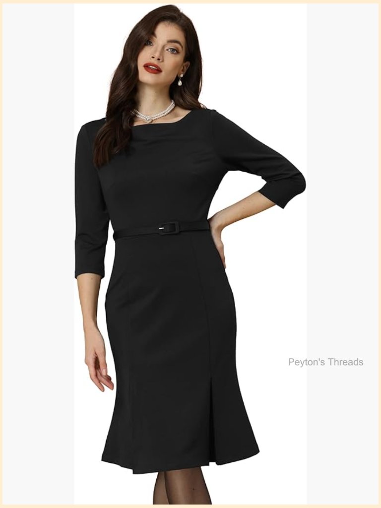 Boat Neck 3/4 Sleeve Pleated Midi Dress With Belt - Modest